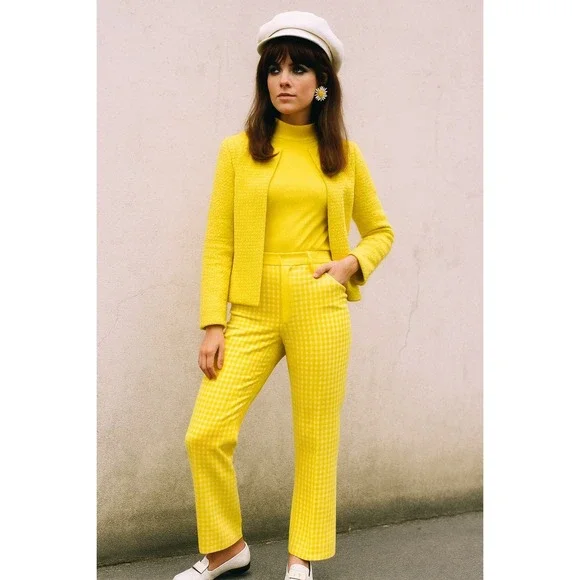 Vintage Women's M Pants Trousers Yellow Gingham 70s Mod Revival Retro Chic MCM - Picture 3 of 12